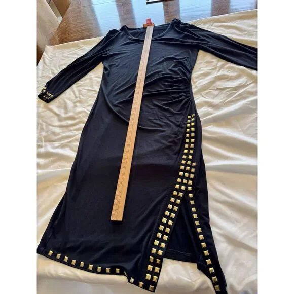 Catherine Malandrino Black Sheath Dress LBD Ruching | Gold Embellishmets Size M - Picture 13 of 14